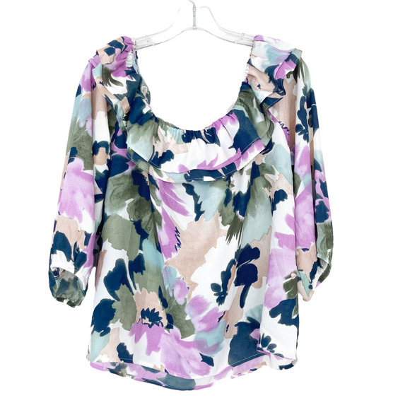 J. Crew Mercantile Green Purple Floral Off the Shoulder Blouse Sz L - Picture 4 of 5